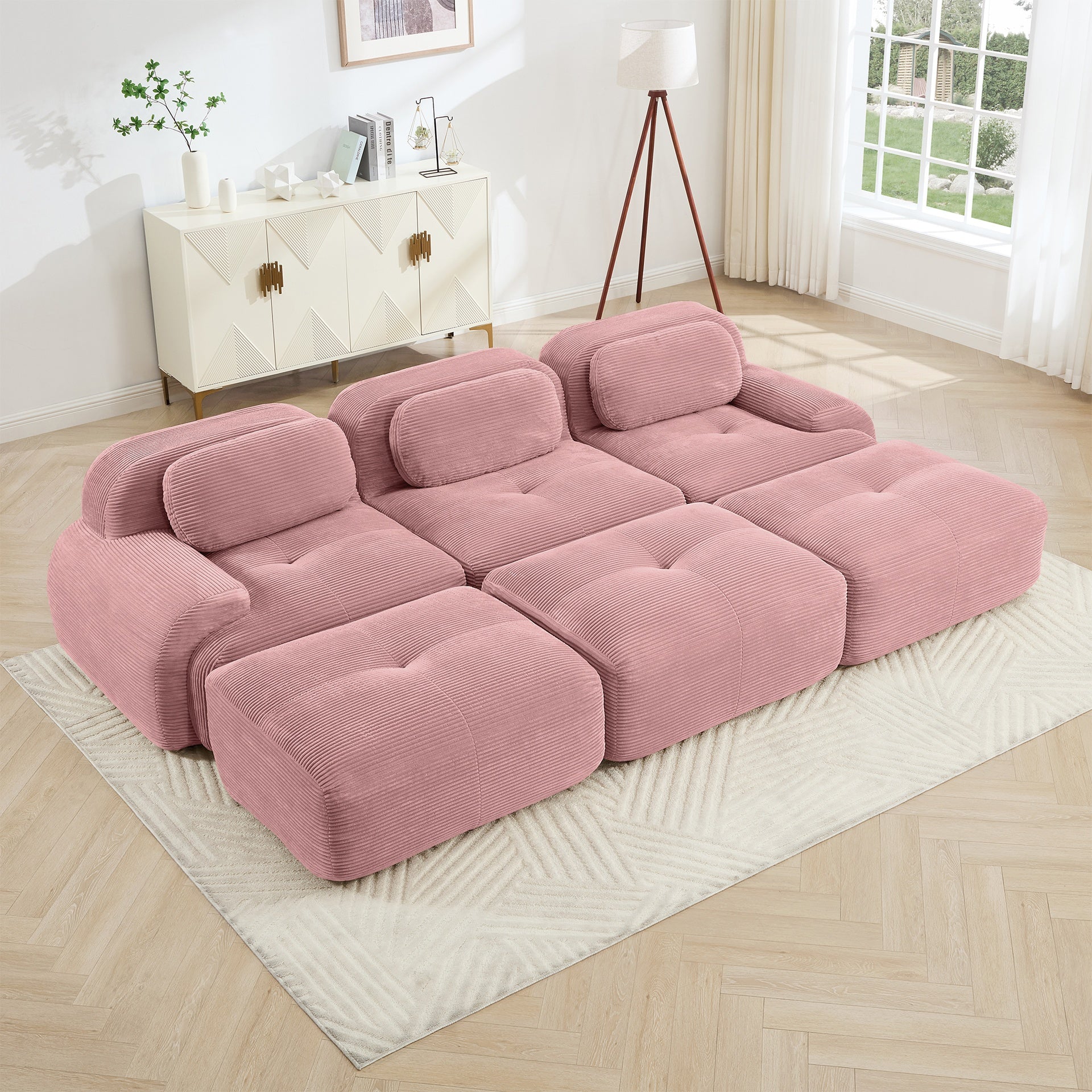 Three-seat modular sofa with 3 Ottomans corduroy fabric no assembly pet-friendly ultra-wide curved armrests 32D high-resilience sponge living rooms media rooms,Pink
