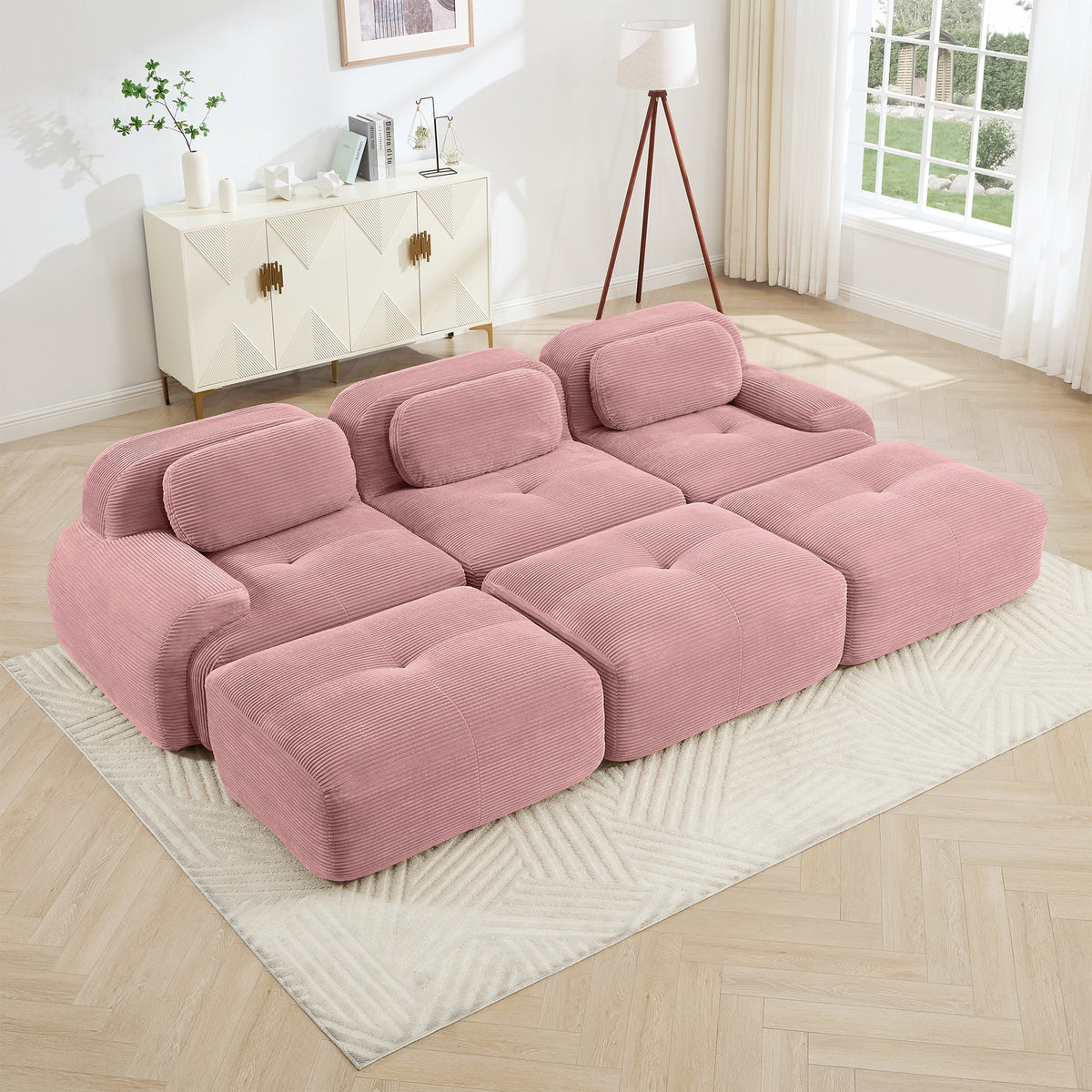 Three-seat modular sofa with 3 Ottomans corduroy fabric no assembly pet-friendly ultra-wide curved armrests 32D high-resilience sponge living rooms media rooms,Pink