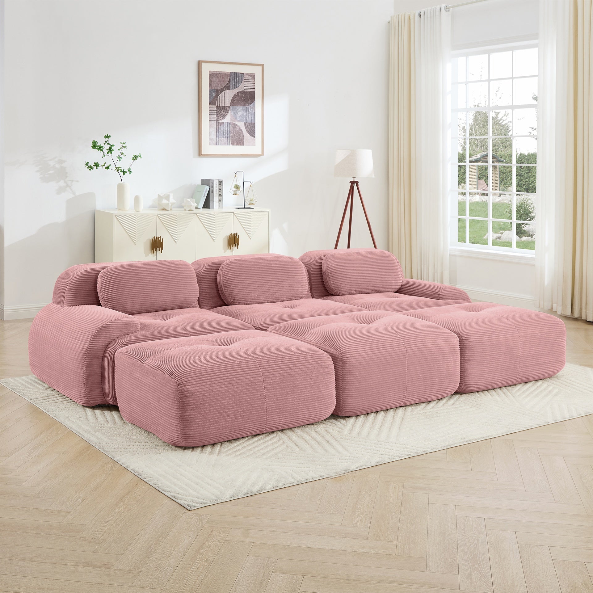 Three-seat modular sofa with 3 Ottomans corduroy fabric no assembly pet-friendly ultra-wide curved armrests 32D high-resilience sponge living rooms media rooms,Pink