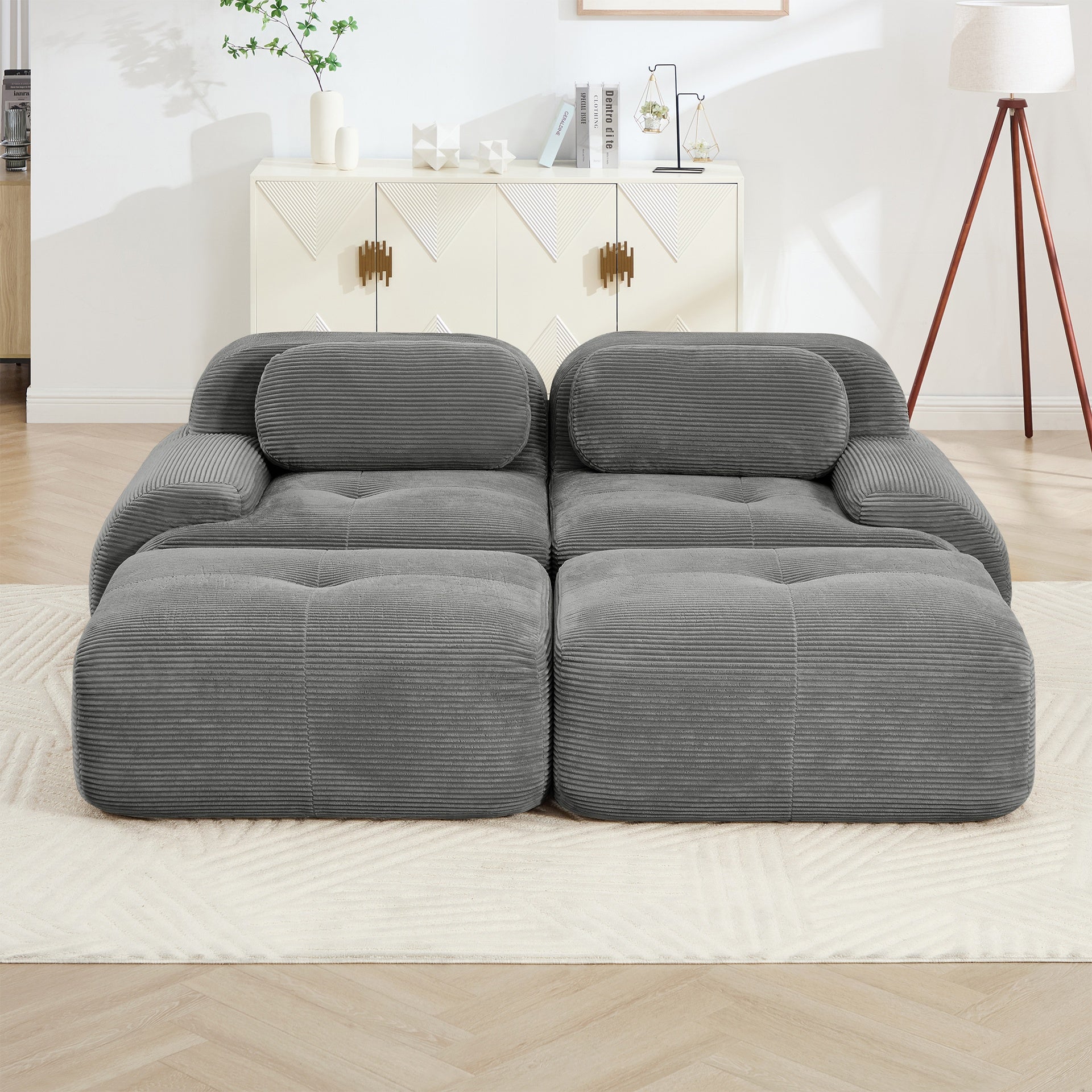 2-seat sofa in luxuryCorduroy Fabric fabric modular multi-combination anti-slip design assembly chaise lounge curved armrests ergonomic support high-resilience sponge for living rooms bedrooms,Grey