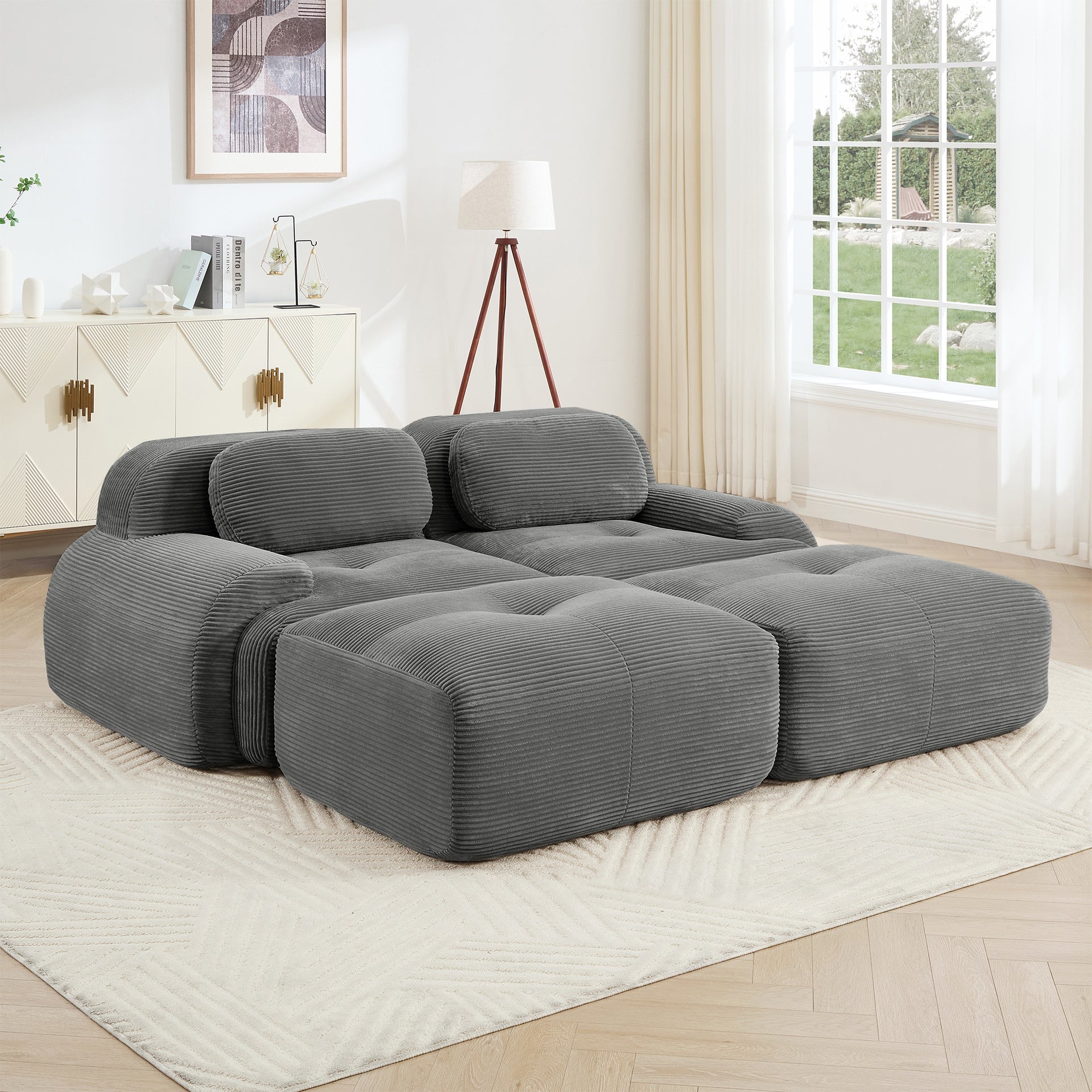 2-seat sofa in luxuryCorduroy Fabric fabric modular multi-combination anti-slip design assembly chaise lounge curved armrests ergonomic support high-resilience sponge for living rooms bedrooms,Grey