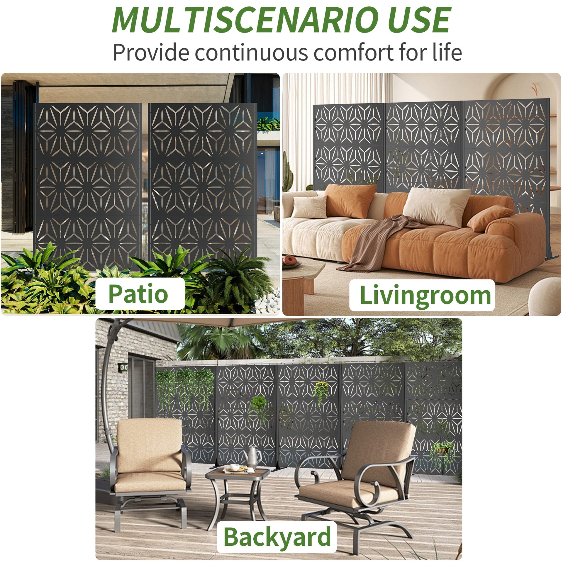 Metal Privacy Screen for Outdoor Freestanding, 72" H x 46" W Decorative Metal Fence Panels with Stable Base, Portable Divider Screens for Patio, Deck, Balcony, Backyard, Garden