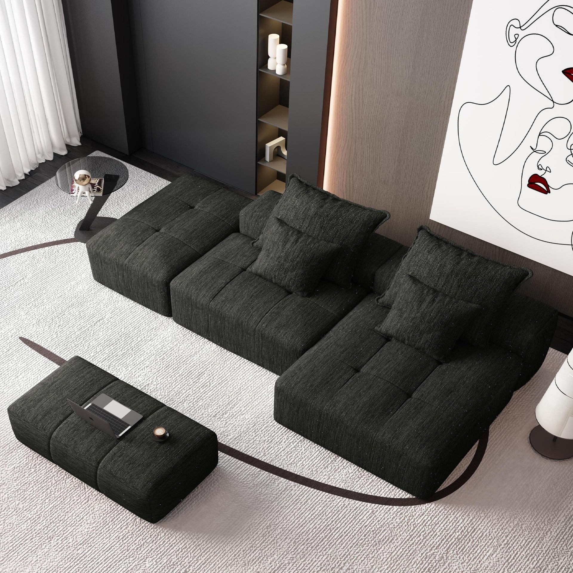 Modern Oversized Modular Sectional Sofa with Ottoman,seat,chaise lounge and armrest,Sparkling Chenille Fabric Soft Cushion Sofa with 4 Pillows,4 PCS DIY Combination Tufted Sofa,No Assembly Required