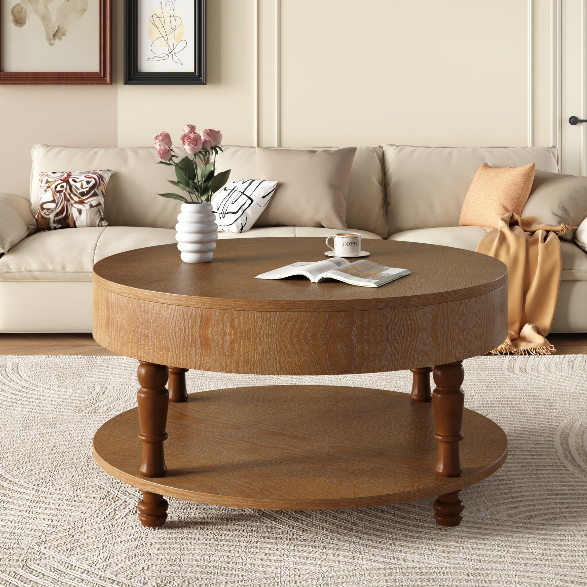 Coffee Table with Dual Storage for Living Room, 31.5" Modern Round Coffee Table with Storage and Hidden Compartment, Adjustable Leveling Feet, Easy Assembly (Walnut)