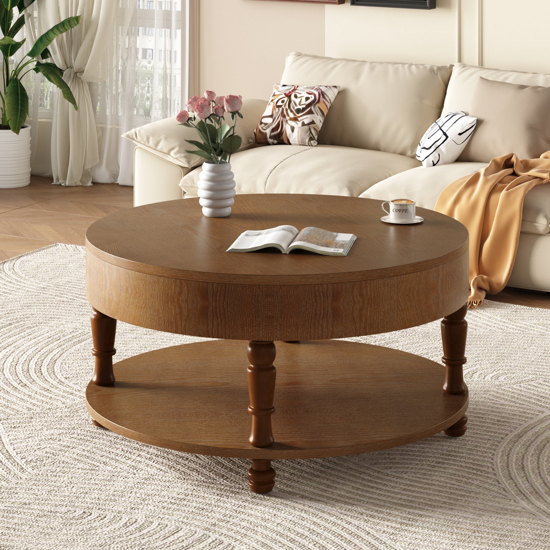 Coffee Table with Dual Storage for Living Room, 31.5" Modern Round Coffee Table with Storage and Hidden Compartment, Adjustable Leveling Feet, Easy Assembly (Walnut)