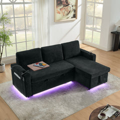 Modern Chenille Multi-functional Pull-Out Bed Sofa with Retractable Table and LED Lighting, USB Charging Ports and Cup Holders, Black