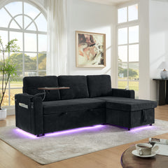 Modern Chenille Multi-functional Pull-Out Bed Sofa with Retractable Table and LED Lighting, USB Charging Ports and Cup Holders, Black
