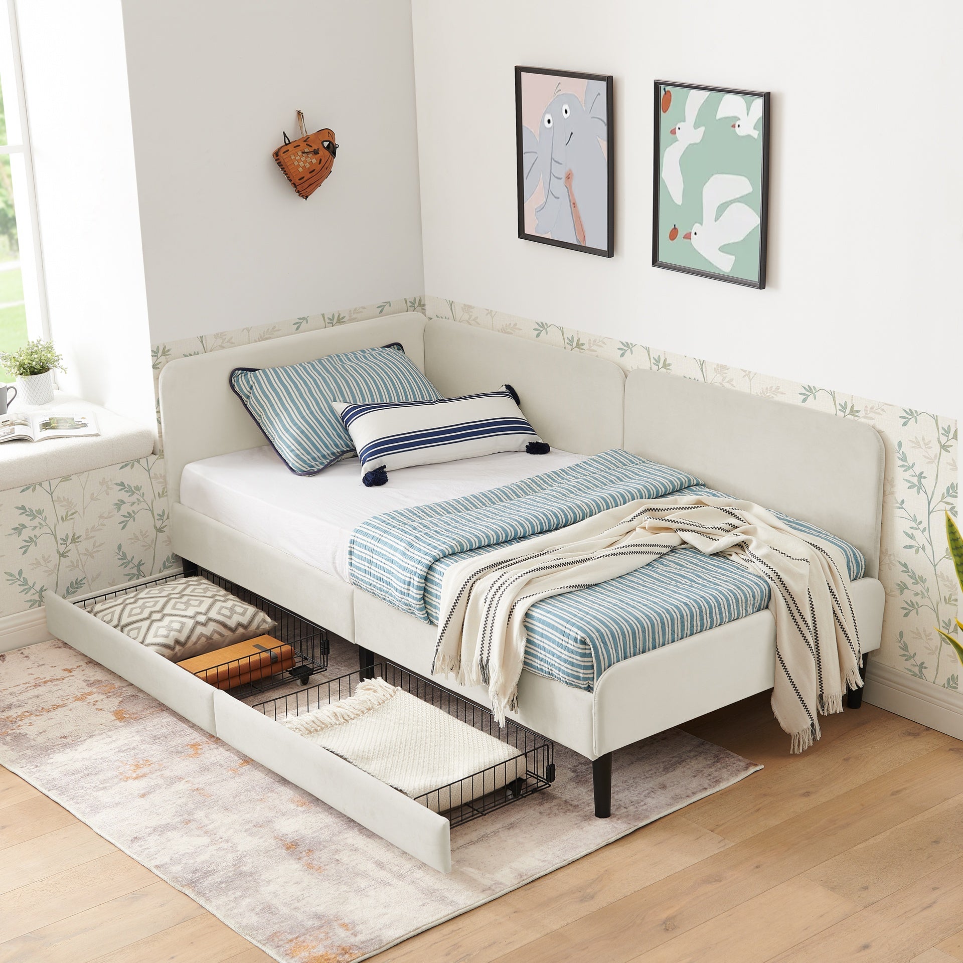 Twin Size Upholstered Platform Bed Frame with 2 Storage Drawers, Adjustable Velvet Sofa Bed, Beige