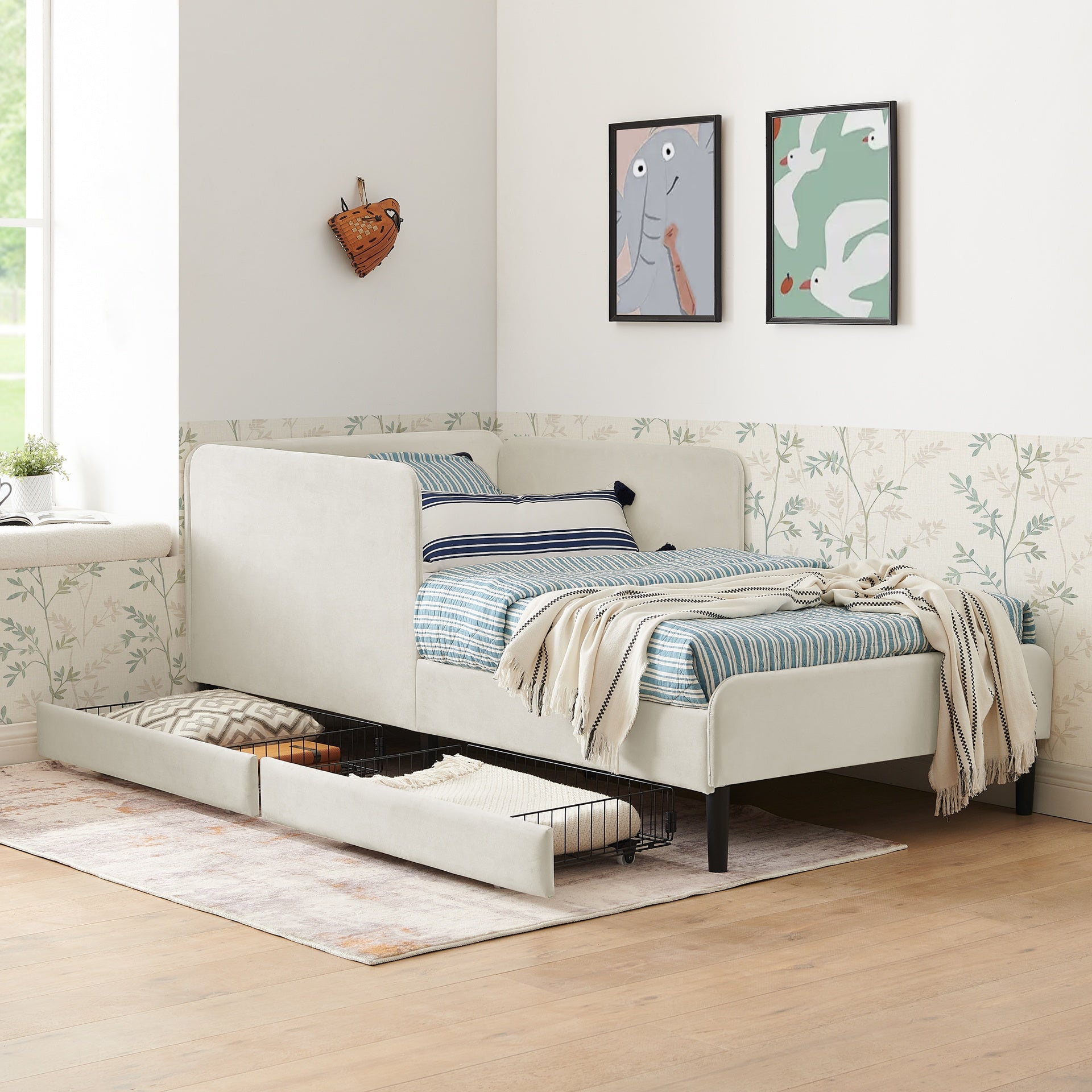 Twin Size Upholstered Platform Bed Frame with 2 Storage Drawers, Adjustable Velvet Sofa Bed, Beige