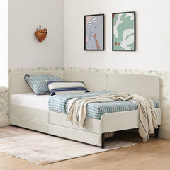 Twin Size Upholstered Platform Bed Frame with 2 Storage Drawers, Adjustable Velvet Sofa Bed, Beige