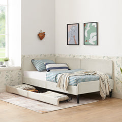 Twin Size Upholstered Platform Bed Frame with 2 Storage Drawers, Adjustable Velvet Sofa Bed, Beige