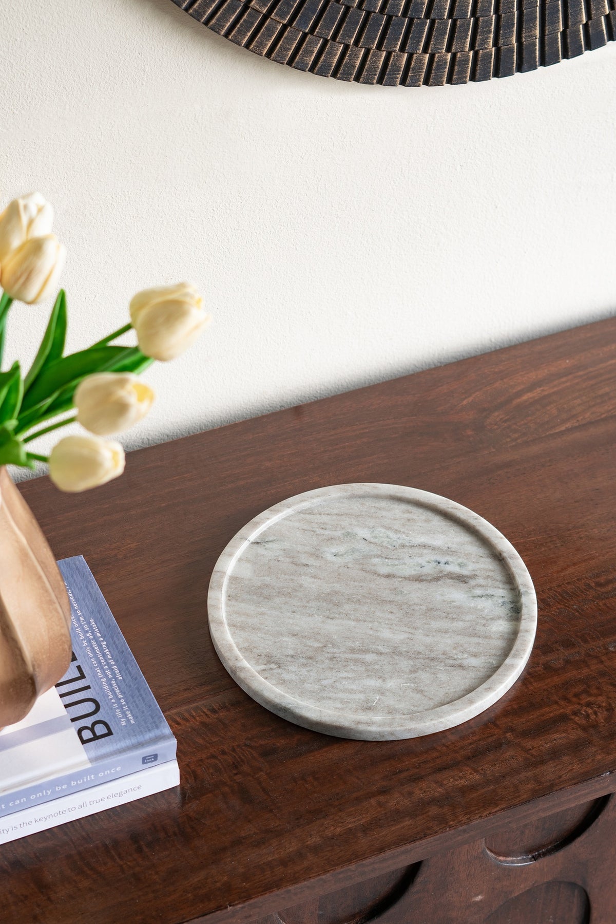 D10" Round Marble Tray with Natural Gray Finish