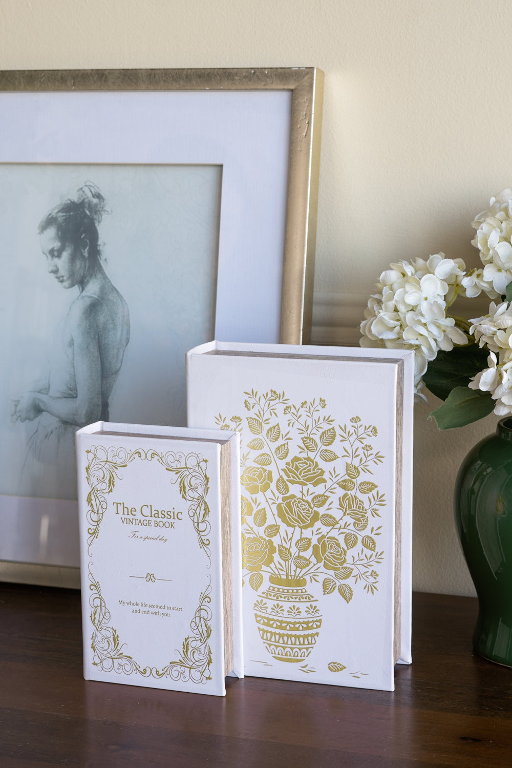 Set of 2 Decorative Book Boxes with White and Gold Floral Motifs and Text,  L: 7x3x10.5" S: 5x2x8.3"