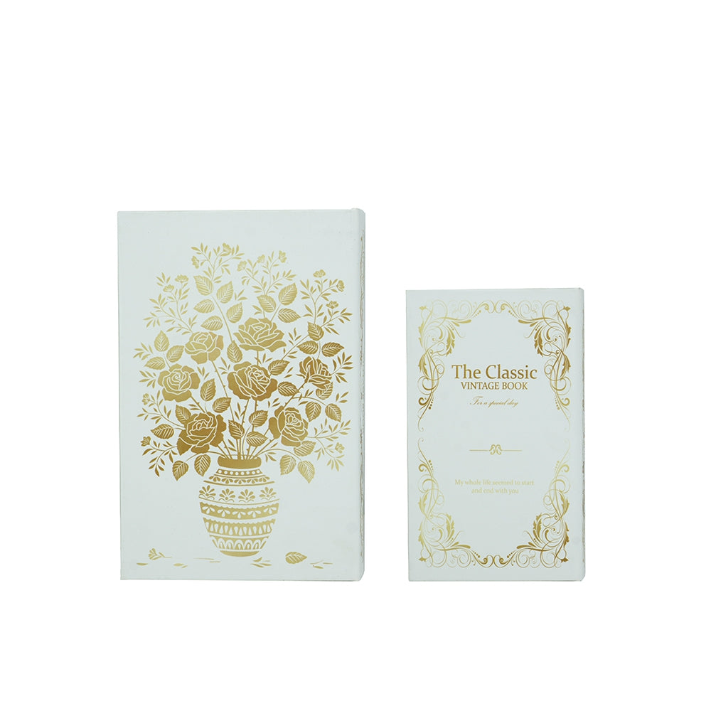 Set of 2 Decorative Book Boxes with White and Gold Floral Motifs and Text,  L: 7x3x10.5" S: 5x2x8.3"