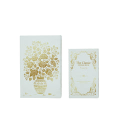 Set of 2 Decorative Book Boxes with White and Gold Floral Motifs and Text,  L: 7x3x10.5" S: 5x2x8.3"