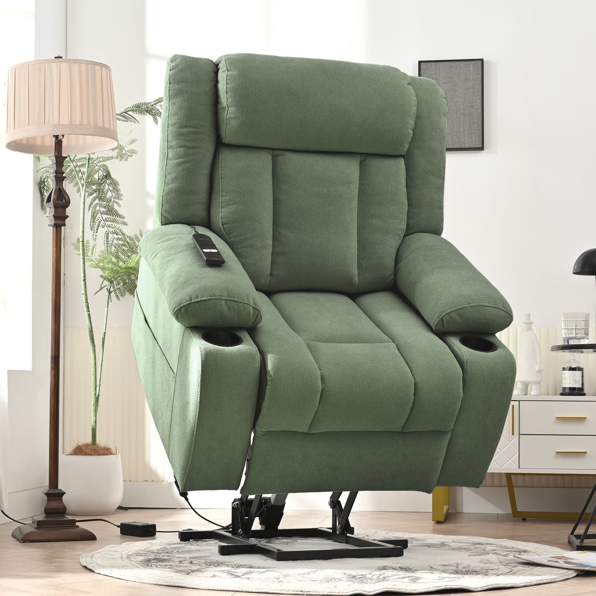 Power Lift Recliner Chair for Elderly,Fabric Lift Chairs for Living Room w/ Extended Footrest,Classic Single Sofa,Home Theater Seating with 2 Cup Holders,Side Pockets,Remote Control(Dark Green)