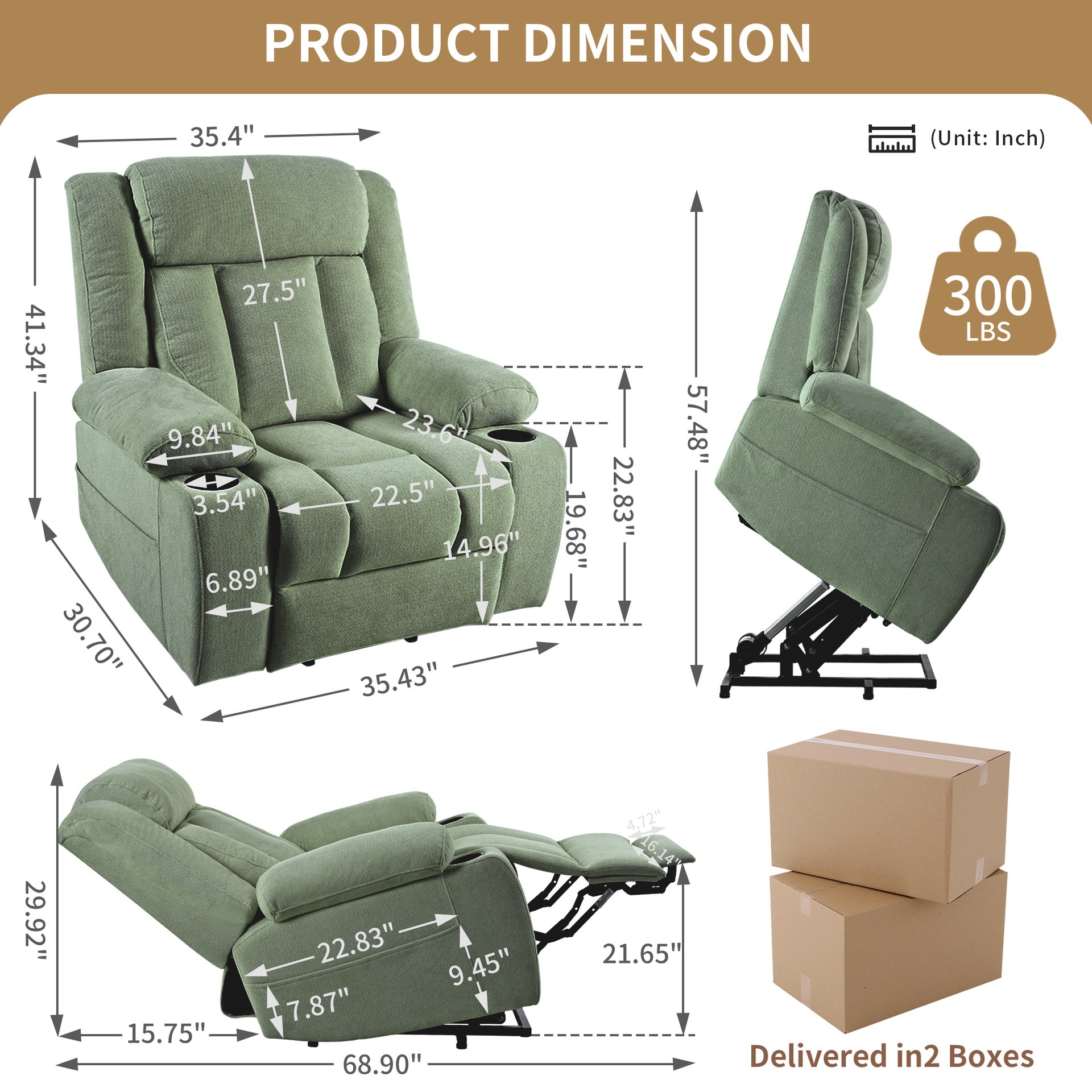 Power Lift Recliner Chair for Elderly,Fabric Lift Chairs for Living Room w/ Extended Footrest,Classic Single Sofa,Home Theater Seating with 2 Cup Holders,Side Pockets,Remote Control(Dark Green)