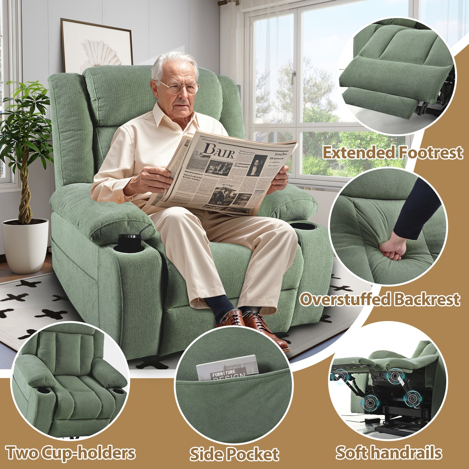 Power Lift Recliner Chair for Elderly,Fabric Lift Chairs for Living Room w/ Extended Footrest,Classic Single Sofa,Home Theater Seating with 2 Cup Holders,Side Pockets,Remote Control(Dark Green)
