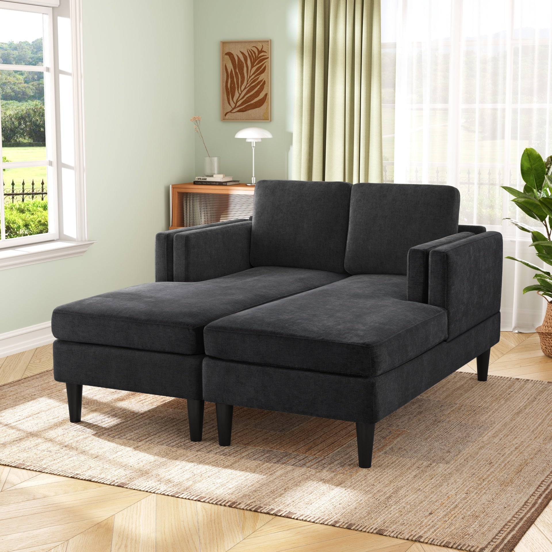 Modern Chaise Lounge Sofa Bed 53.5" Upholstered Sofa Couch Free-combined Sofa Chaise with Dual-Layer Armrests for Living Room, Black