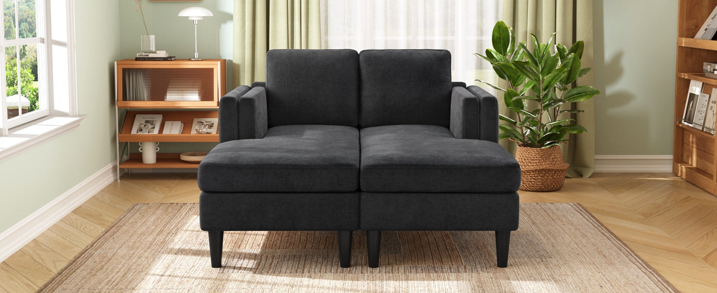 Modern Chaise Lounge Sofa Bed 53.5" Upholstered Sofa Couch Free-combined Sofa Chaise with Dual-Layer Armrests for Living Room, Black