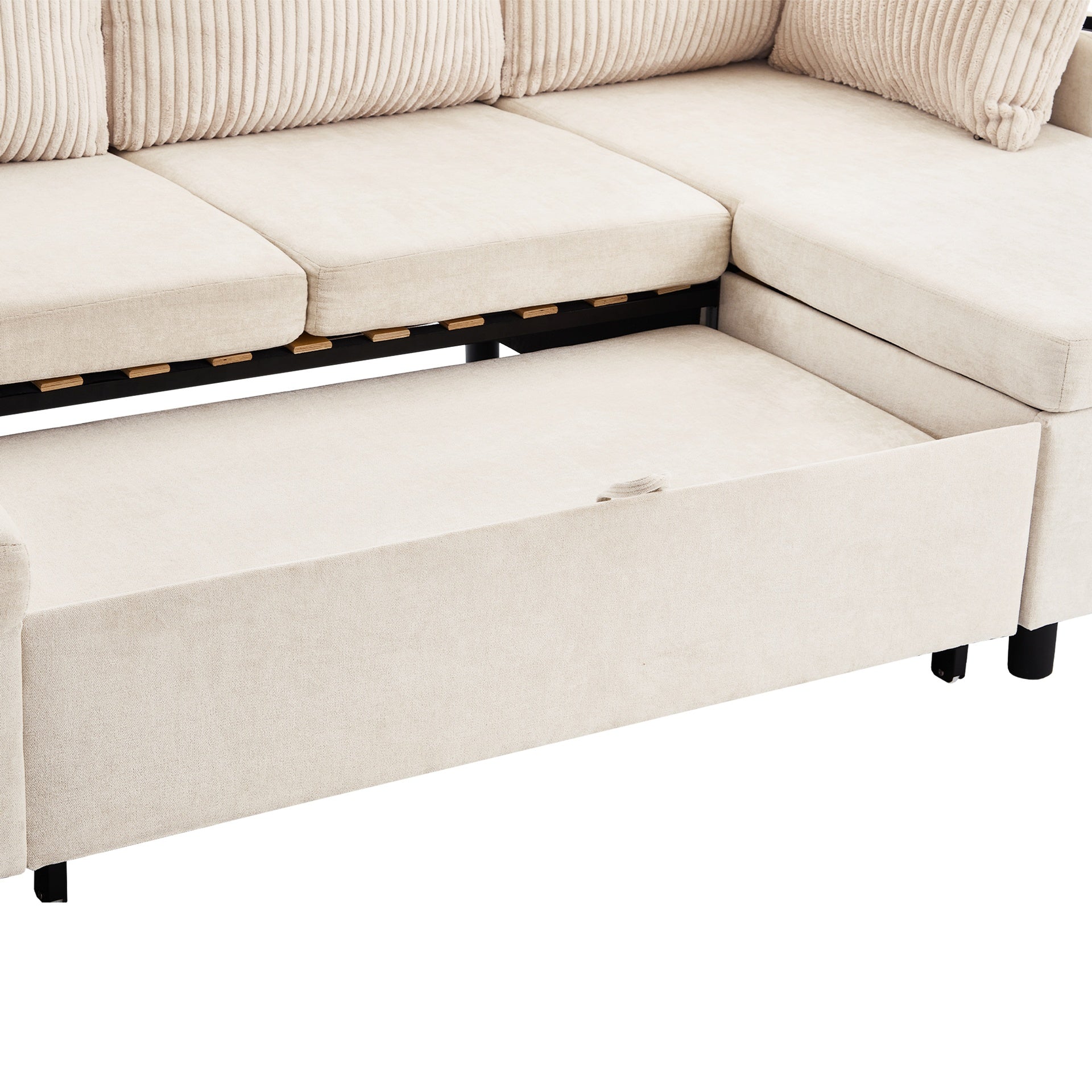 113.4" Sectional Sofa Pull-out Sofa Bed Versatile Sofa Sleeper with Large Storage Space, Two USB Ports and Two Cup Holders for Living Room, Beige