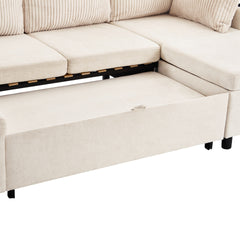 113.4" Sectional Sofa Pull-out Sofa Bed Versatile Sofa Sleeper with Large Storage Space, Two USB Ports and Two Cup Holders for Living Room, Beige