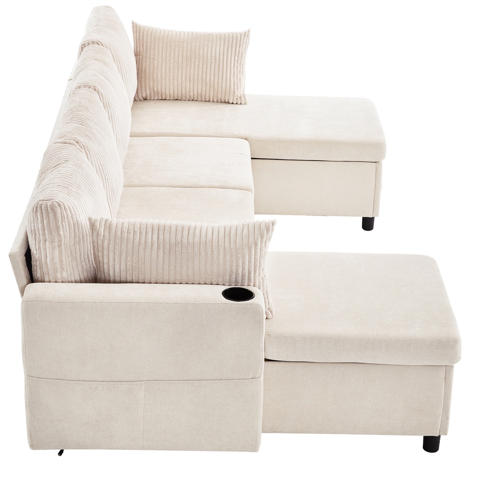 113.4" Sectional Sofa Pull-out Sofa Bed Versatile Sofa Sleeper with Large Storage Space, Two USB Ports and Two Cup Holders for Living Room, Beige