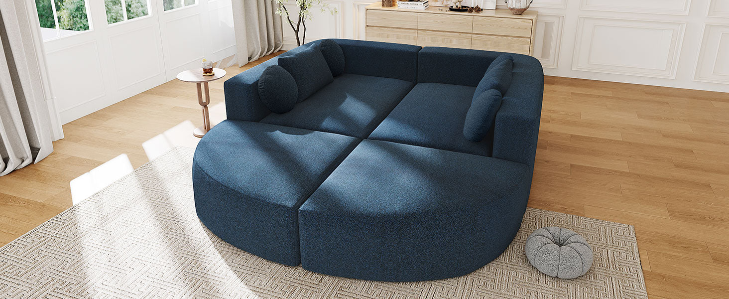 Boneless Couch Modular Sectional Sofa 114.9" Free-combined Sofa Couch Sofa Bed Compression Sofa with Deep Seating and Curved Design for Living Room, Blue