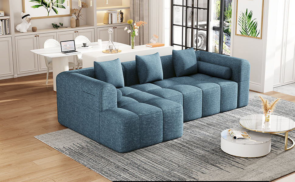 101.2"  Sectional Sofa Full-Compressed Sofa Modular Sofa Couch Free-combined Sofa with Deep Seating  and Two Side Pockets for Living Room, Blue