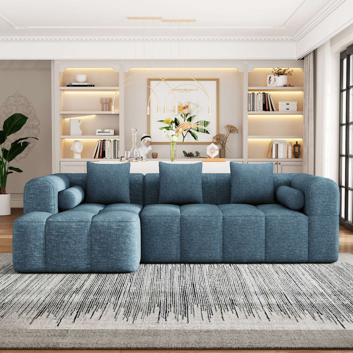 101.2"  Sectional Sofa Full-Compressed Sofa Modular Sofa Couch Free-combined Sofa with Deep Seating  and Two Side Pockets for Living Room, Blue