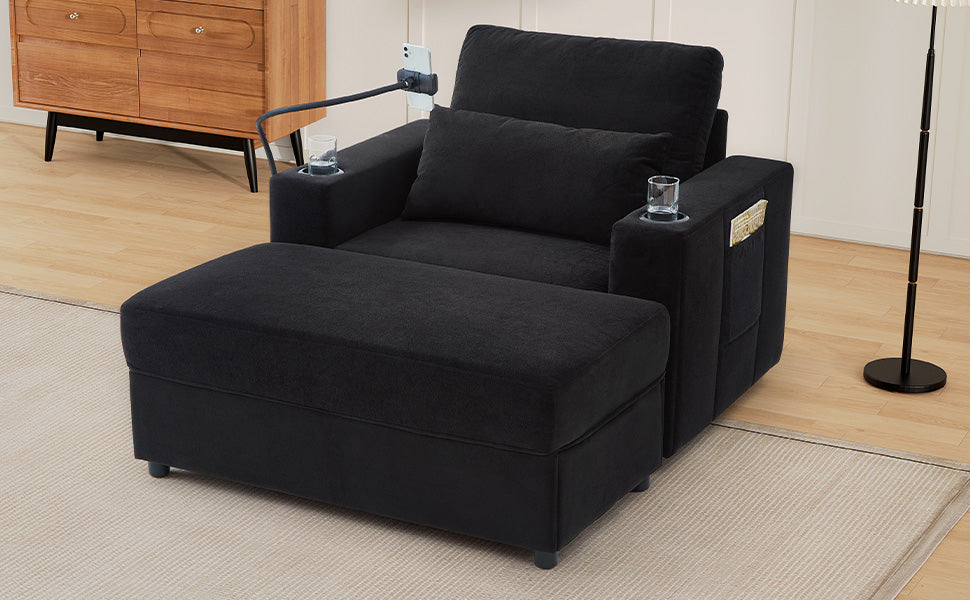 Modern Style Armchair 42.5" Chaise Lounge Sofa Couch with a Movable Storage Ottoman, Two USB Ports, Two Cup Holders, a Phone Holder and Side Pockets for Living Room, Black