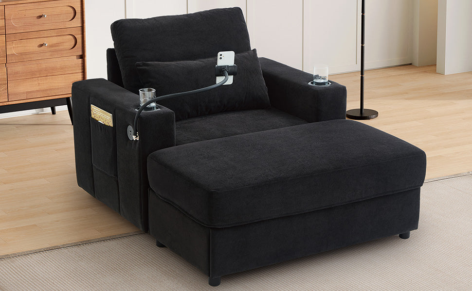 Modern Style Armchair 42.5" Chaise Lounge Sofa Couch with a Movable Storage Ottoman, Two USB Ports, Two Cup Holders, a Phone Holder and Side Pockets for Living Room, Black