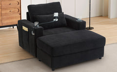 Modern Style Armchair 42.5" Chaise Lounge Sofa Couch with a Movable Storage Ottoman, Two USB Ports, Two Cup Holders, a Phone Holder and Side Pockets for Living Room, Black