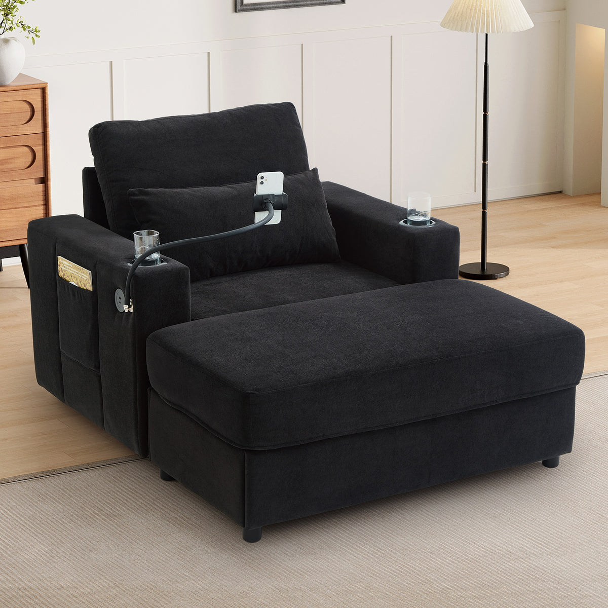 Modern Style Armchair 42.5" Chaise Lounge Sofa Couch with a Movable Storage Ottoman, Two USB Ports, Two Cup Holders, a Phone Holder and Side Pockets for Living Room, Black
