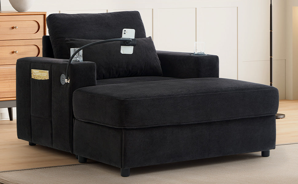 Modern Style Armchair 42.5" Chaise Lounge Sofa Couch with a Movable Storage Ottoman, Two USB Ports, Two Cup Holders, a Phone Holder and Side Pockets for Living Room, Black
