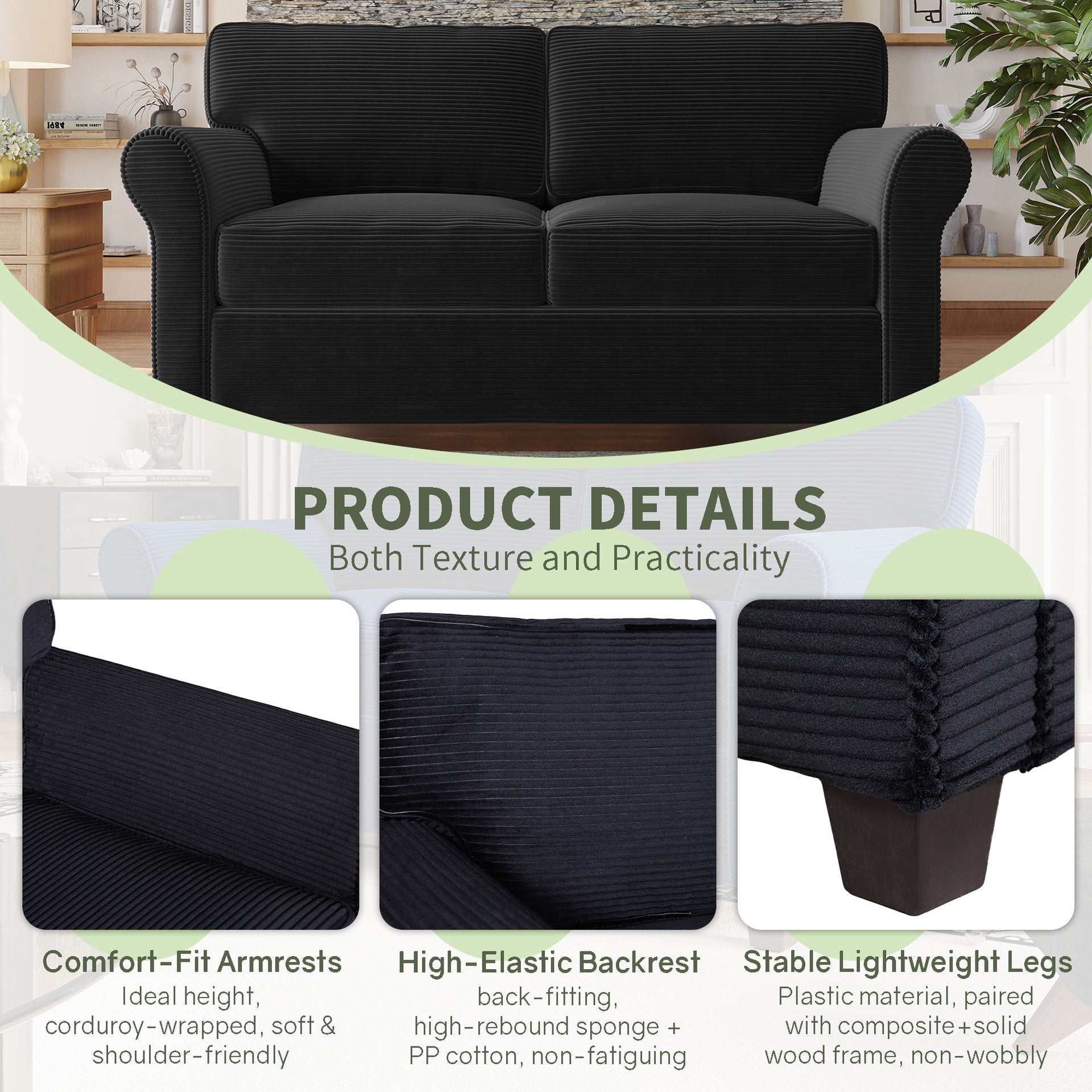 57" Modern 2-Seater Corduroy Sofa With Removable Backrest & Seat Cushions,Padded Armrests,High Rebound Sponge Filled with Solid Wood and Composite Frame,Easy Assembly For Living Room,Bedroom,Office.
