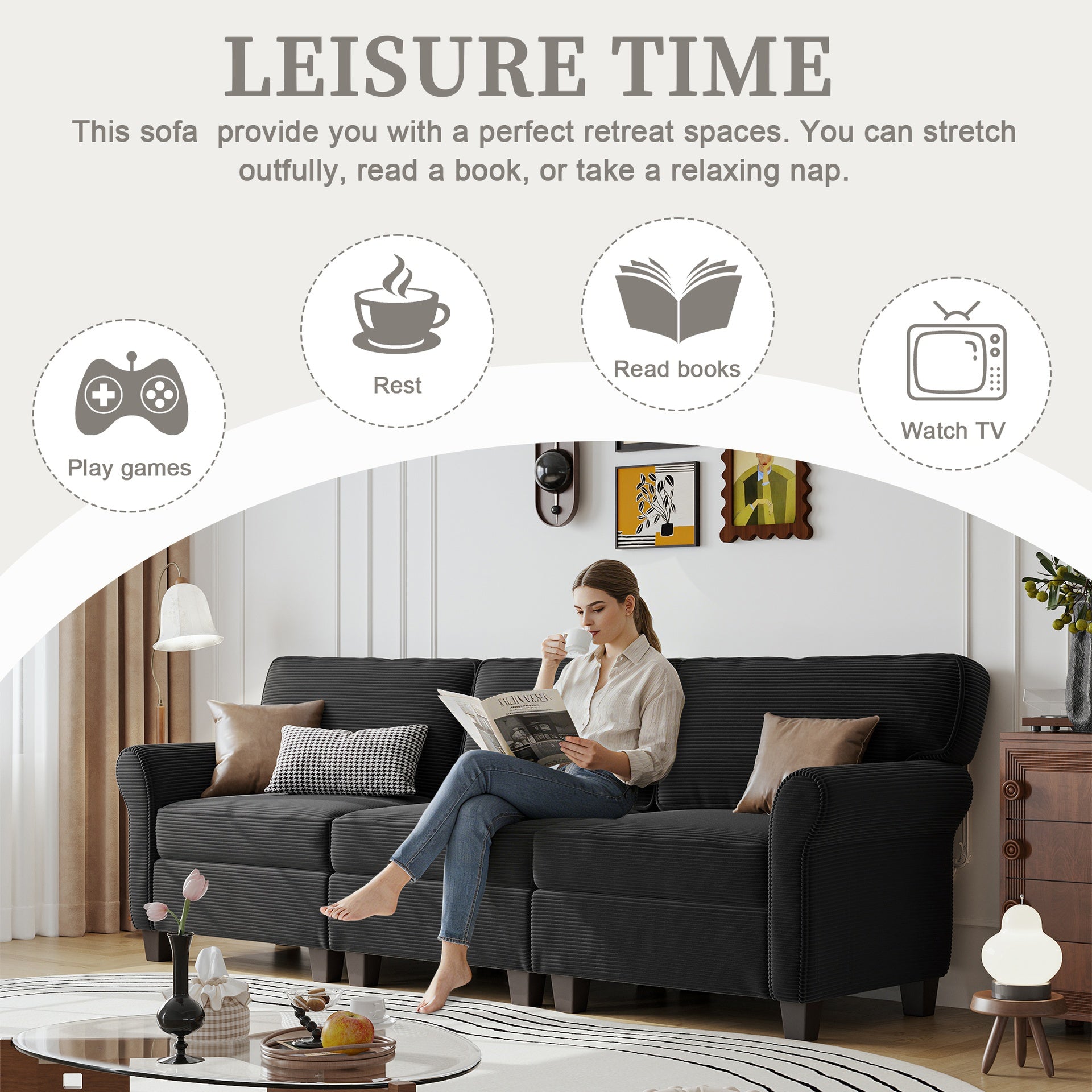 94" 3-Seater Corduroy Sofa Couch with Deep Seats,Thickened High-Rebound Sponge & Armrests, Removable Cushions, Sturdy Composite Board+Solid Wood Frame for Living Room, Bedroom, Apartment and Office.