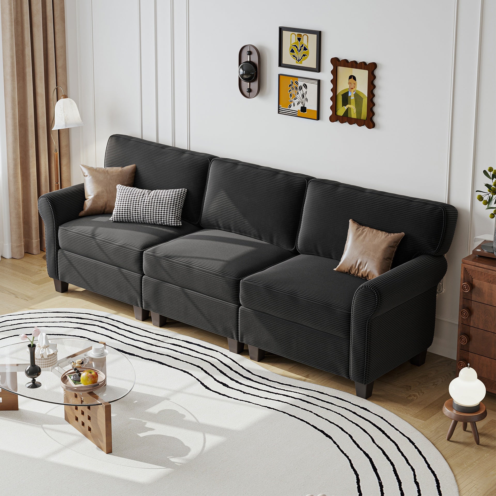 94" 3-Seater Corduroy Sofa Couch with Deep Seats,Thickened High-Rebound Sponge & Armrests, Removable Cushions, Sturdy Composite Board+Solid Wood Frame for Living Room, Bedroom, Apartment and Office.