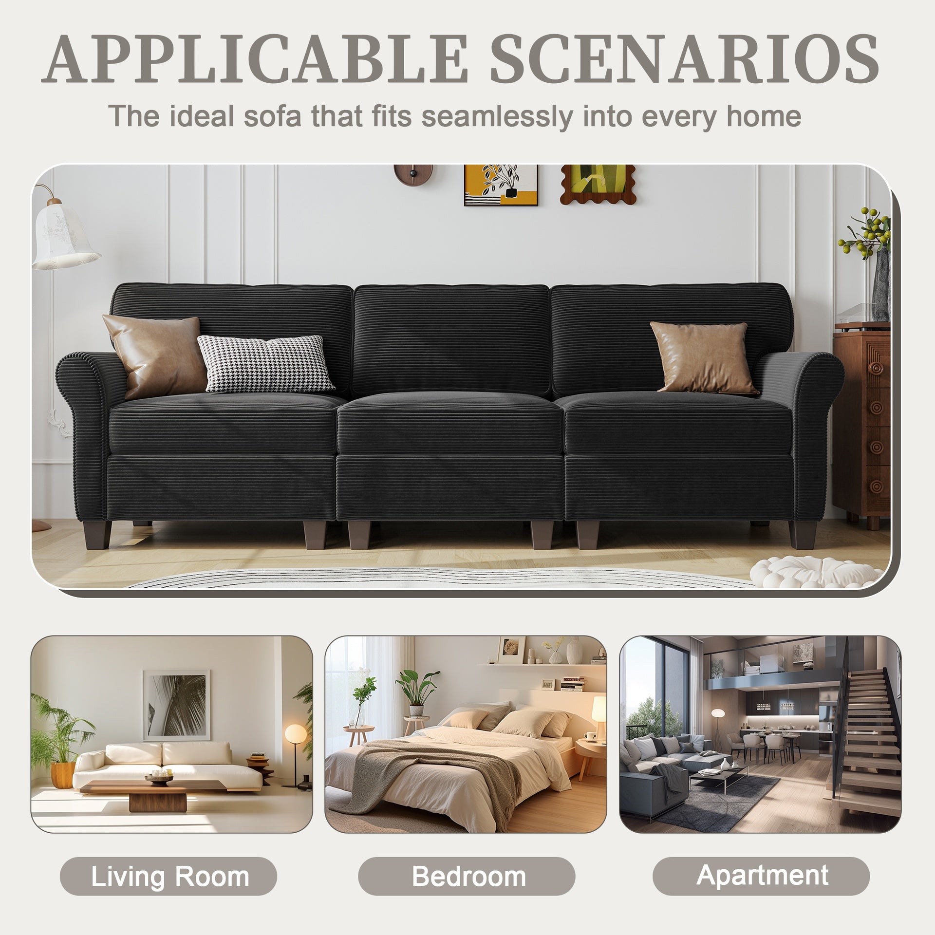 94" 3-Seater Corduroy Sofa Couch with Deep Seats,Thickened High-Rebound Sponge & Armrests, Removable Cushions, Sturdy Composite Board+Solid Wood Frame for Living Room, Bedroom, Apartment and Office.