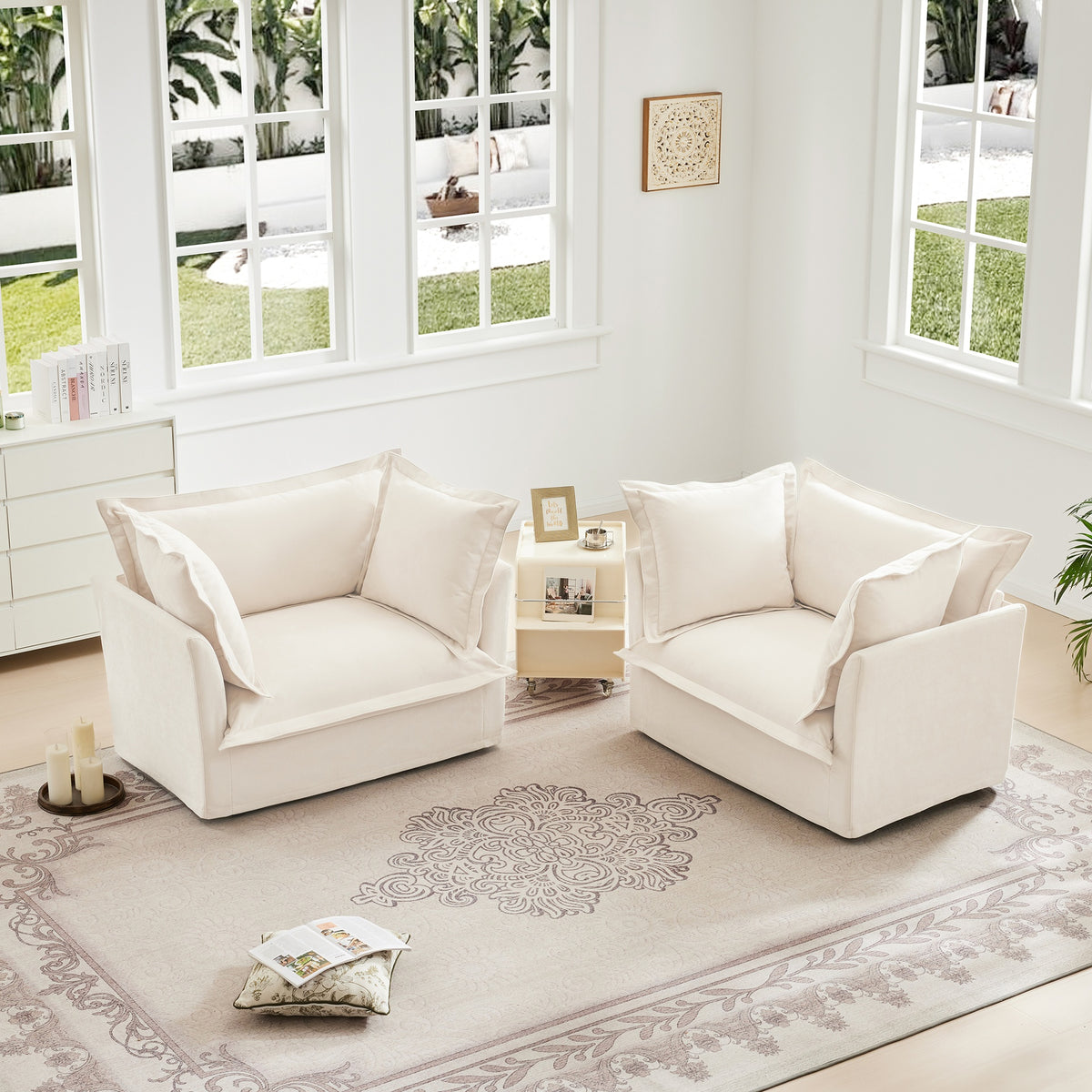 Set of 2 Slipcovered Armchairs,Deep Seat Accent Chair Set for Living Room, Reading Room, Bedroom and Working Spaces,Armchair Sets with Large Soft Pillows,Chenille Fabric,Cream