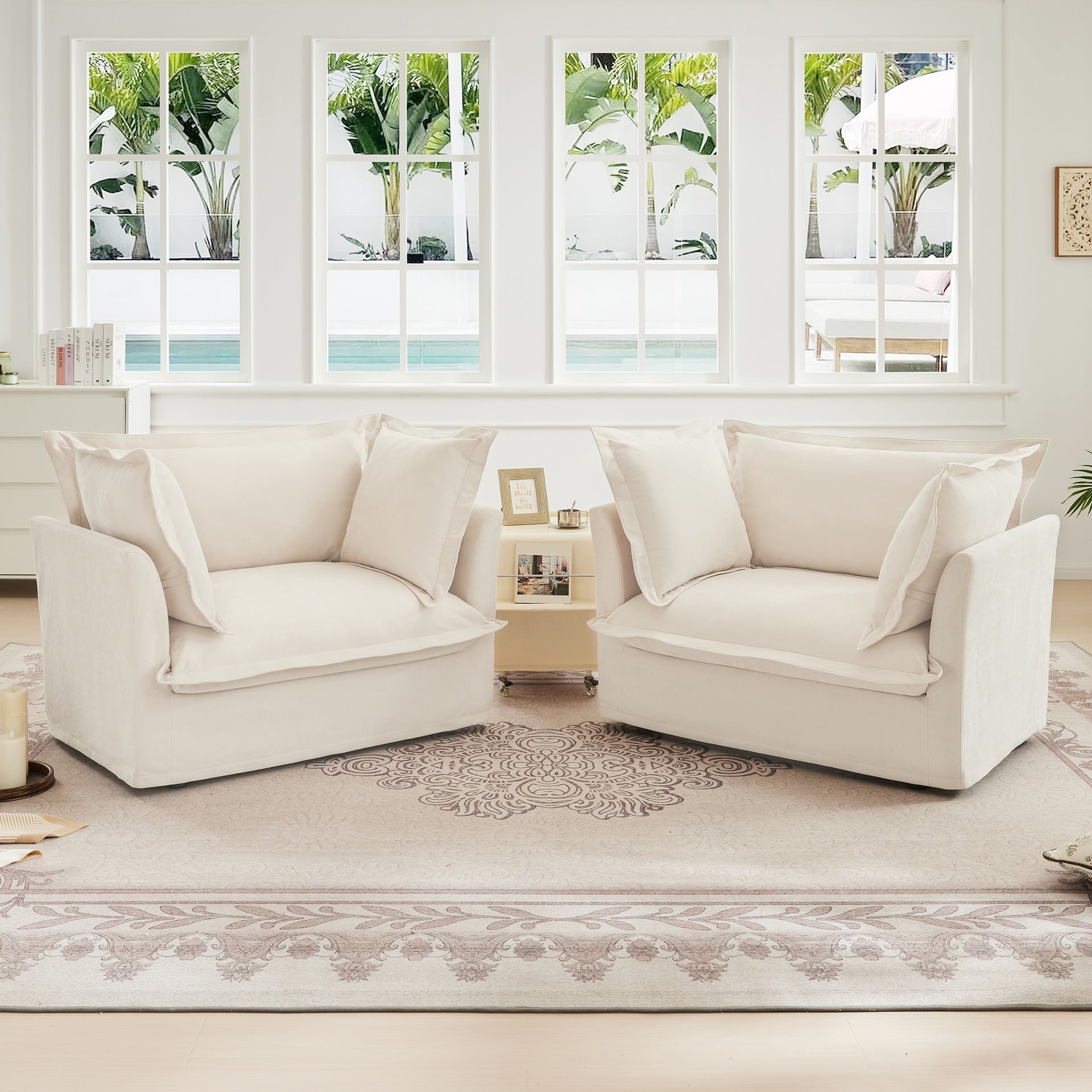 Set of 2 Slipcovered Armchairs,Deep Seat Accent Chair Set for Living Room, Reading Room, Bedroom and Working Spaces,Armchair Sets with Large Soft Pillows,Chenille Fabric,Cream