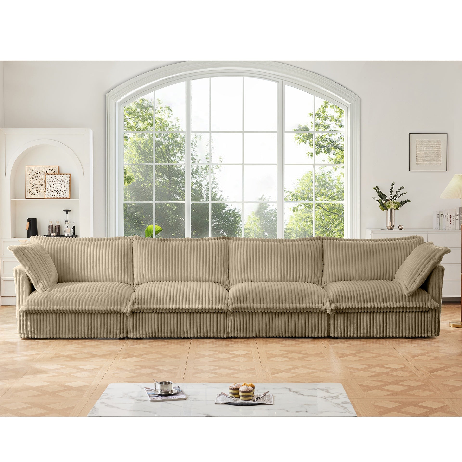 Slipcovered Long Sofa, 4 Seater Sofa with Removable Cover, Extra Deep Couch for Living Room, Corduroy Fabric Cloud Like Comfy Sofa Couch, Camel Corduroy Fabric