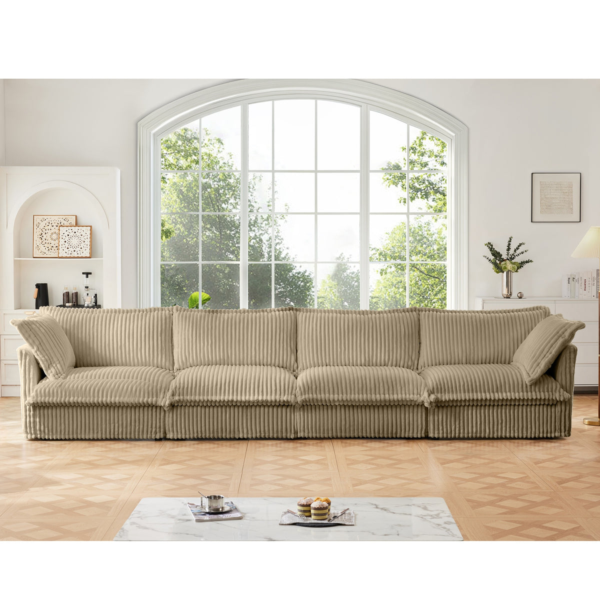Slipcovered Long Sofa, 4 Seater Sofa with Removable Cover, Extra Deep Couch for Living Room, Corduroy Fabric Cloud Like Comfy Sofa Couch, Camel Corduroy Fabric