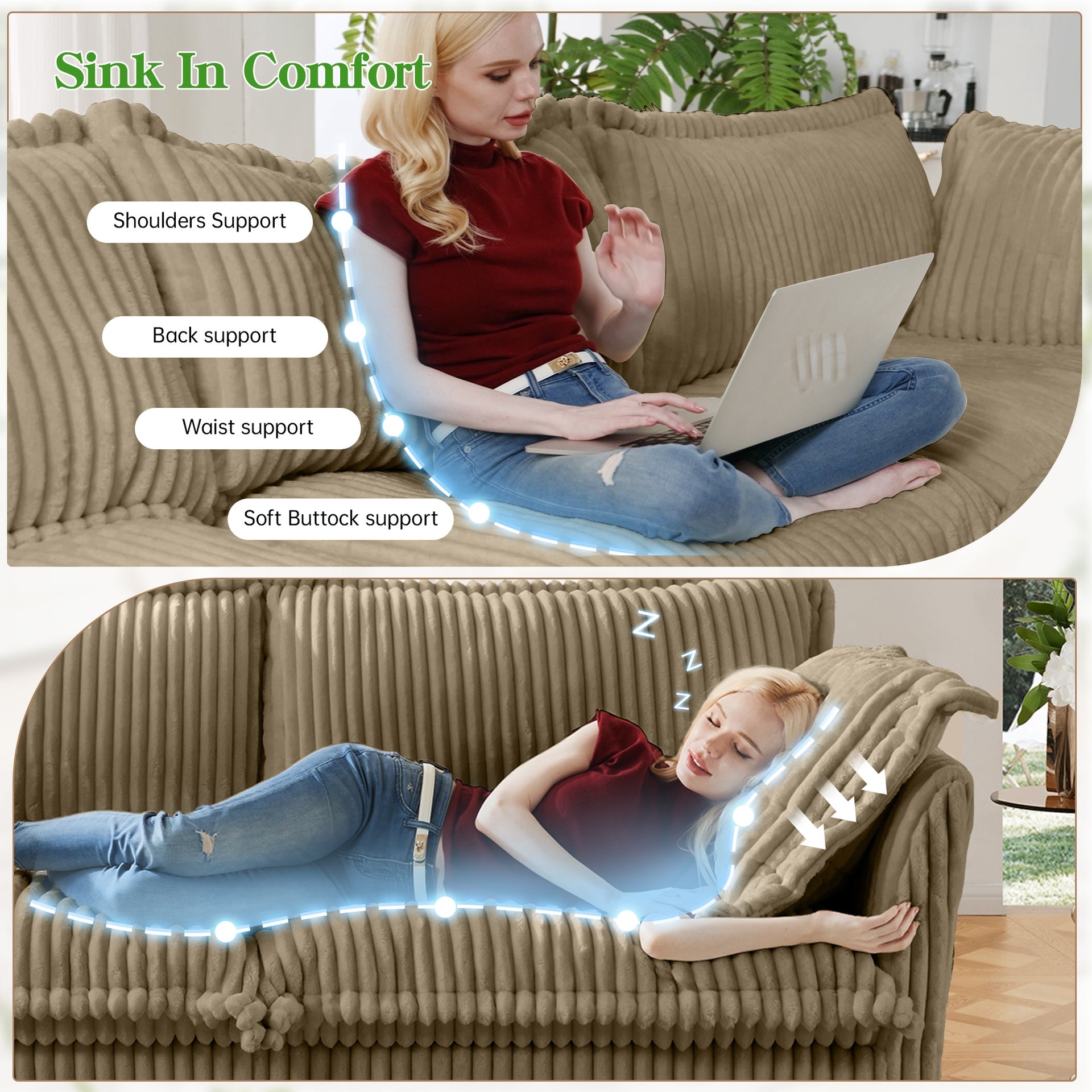Slipcovered Long Sofa, 4 Seater Sofa with Removable Cover, Extra Deep Couch for Living Room, Corduroy Fabric Cloud Like Comfy Sofa Couch, Camel Corduroy Fabric