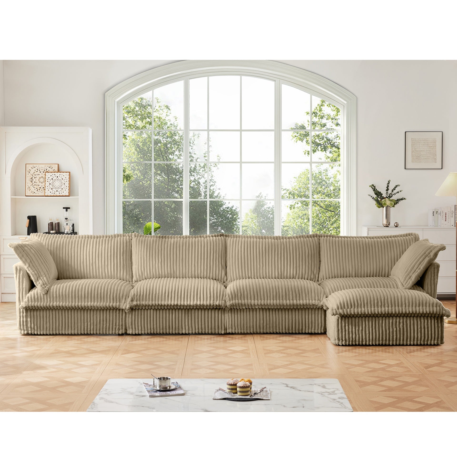 Slipcovered L Shape Sectional Long Sofa Couch, 4 Seater Sofa with Suppleness Armrests,Deep Seat Sofa with 2 Big Pillows, Comfy Couch for Living Room, Apartment, Camel Corduroy Fabric