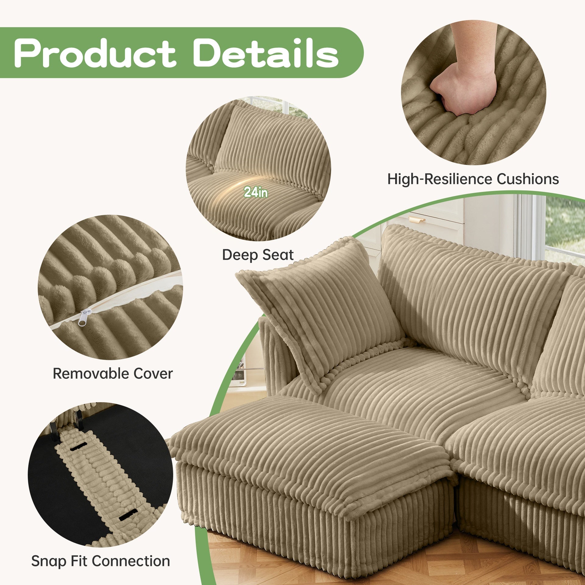 Slipcovered L Shape Sectional Long Sofa Couch, 4 Seater Sofa with Suppleness Armrests,Deep Seat Sofa with 2 Big Pillows, Comfy Couch for Living Room, Apartment, Camel Corduroy Fabric