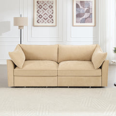 2-seater sofa  with pull-out storage drawers under each seat wraparound back and arm cushions  featuring crescent-shaped armrests  chenille   wheat colour
