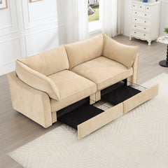 2-seater sofa  with pull-out storage drawers under each seat wraparound back and arm cushions  featuring crescent-shaped armrests  chenille   wheat colour
