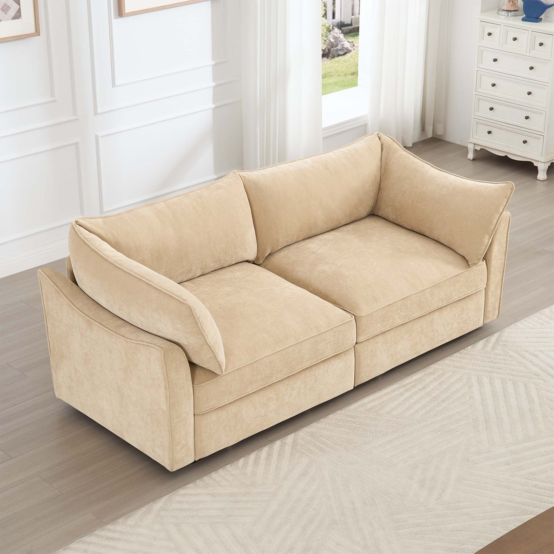 2-seater sofa  with pull-out storage drawers under each seat wraparound back and arm cushions  featuring crescent-shaped armrests  chenille   wheat colour