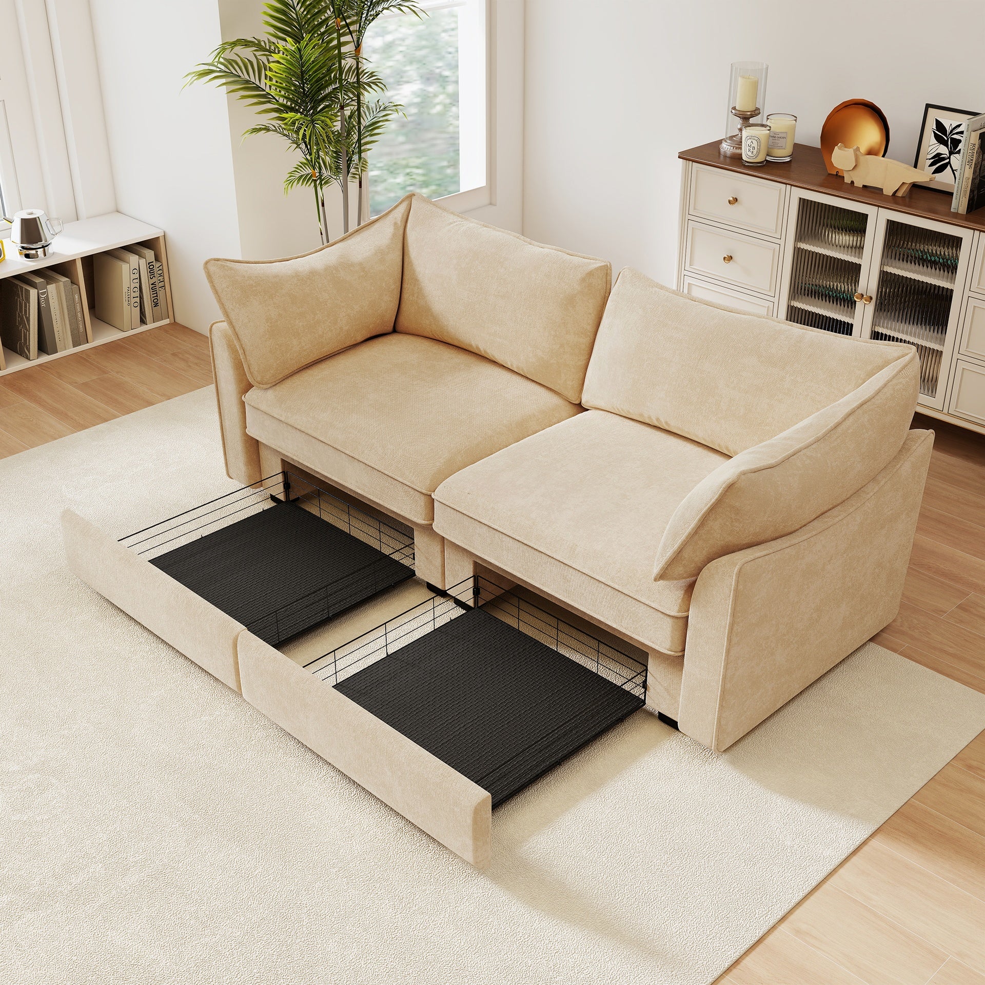 2-seater sofa  with pull-out storage drawers under each seat wraparound back and arm cushions  featuring crescent-shaped armrests  chenille   wheat colour